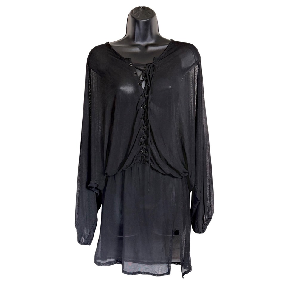 Vintage Y2K Fredericks of Hollywood Black Sheer Mesh Corset Lace Up Mini Dress